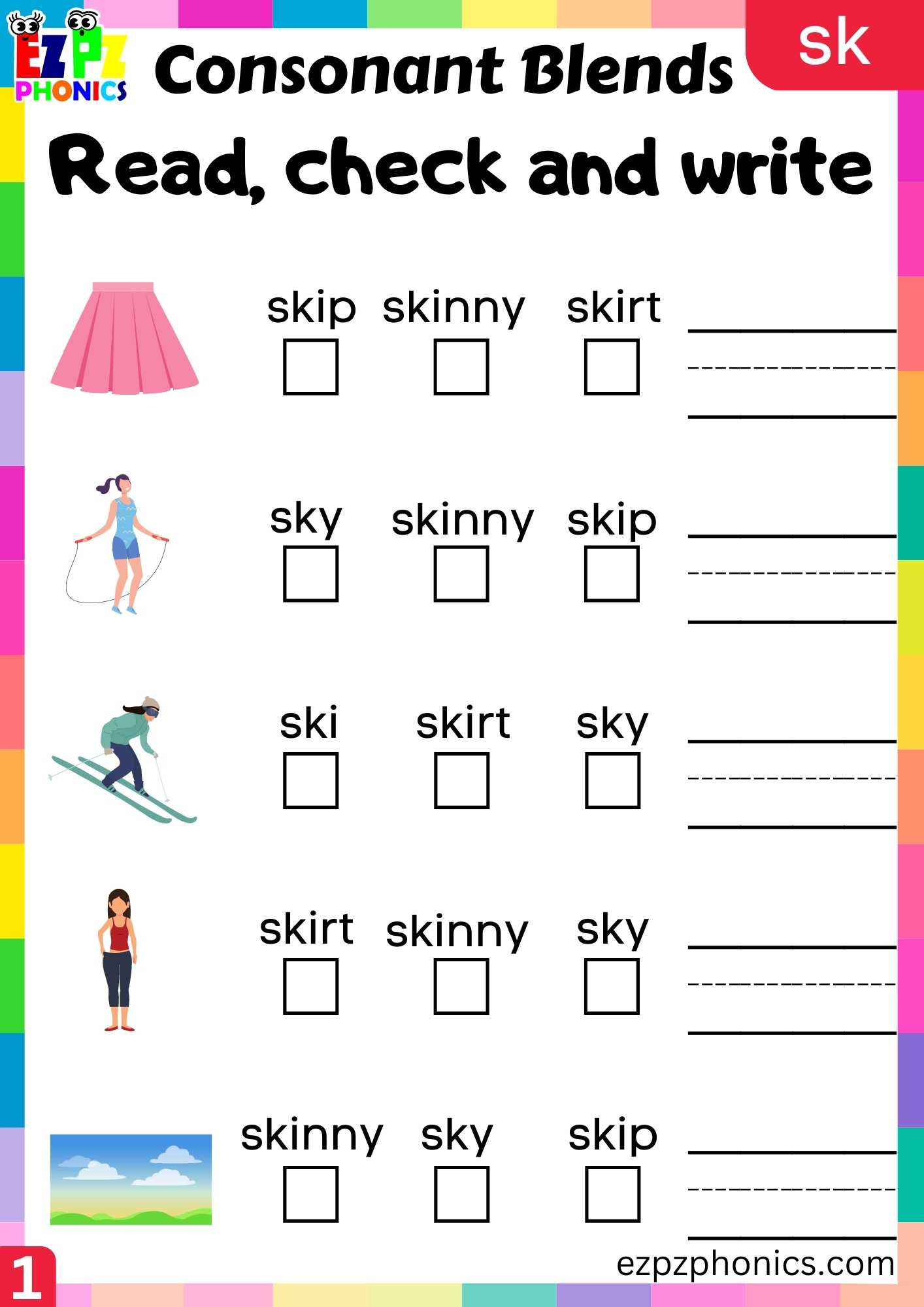 Group1 SK Words Read, Check And Write Phonics Consonant Blends Worksheet